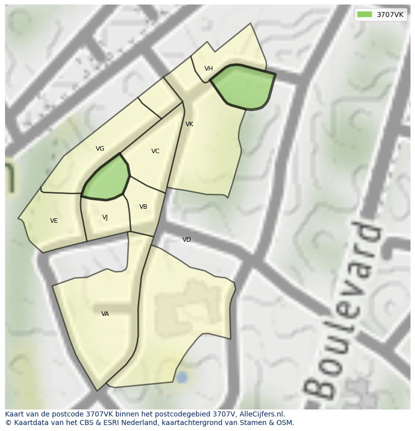 Afbeelding van het postcodegebied 3707 VK op de kaart.
