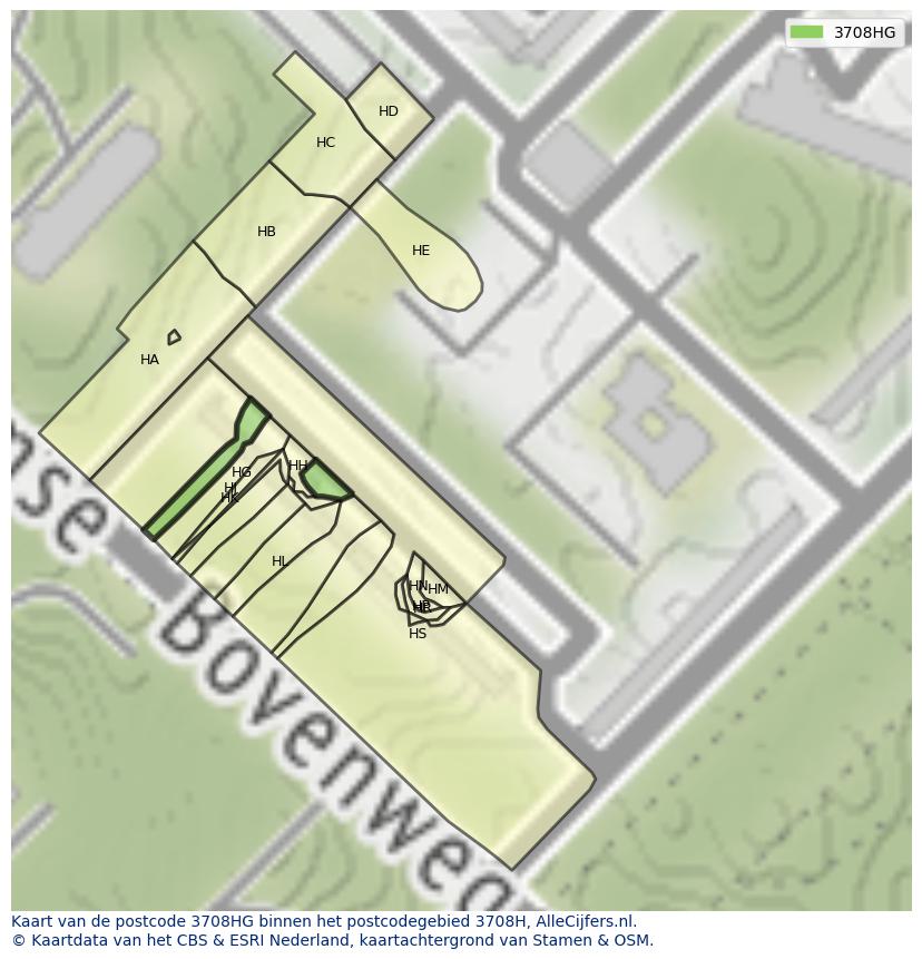 Afbeelding van het postcodegebied 3708 HG op de kaart.