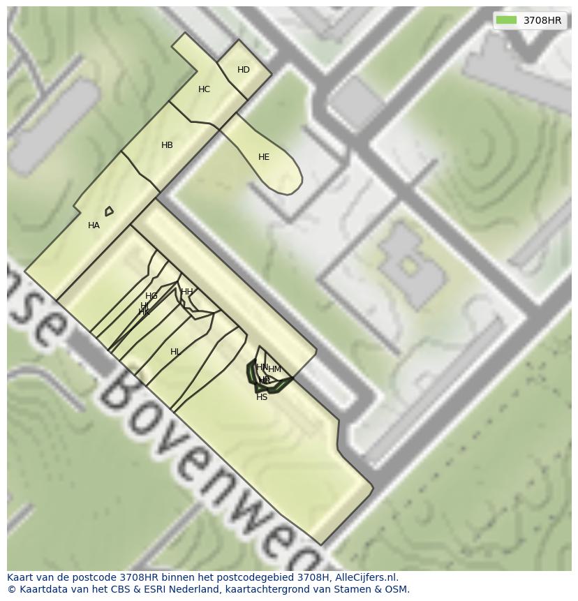 Afbeelding van het postcodegebied 3708 HR op de kaart.