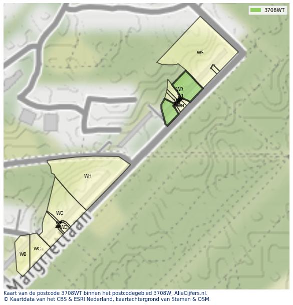 Afbeelding van het postcodegebied 3708 WT op de kaart.