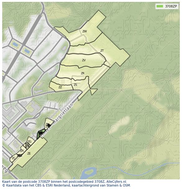 Afbeelding van het postcodegebied 3708 ZP op de kaart.