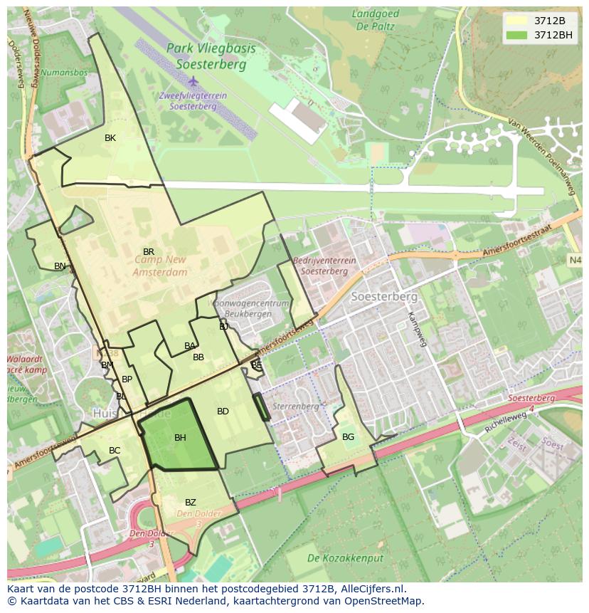 Afbeelding van het postcodegebied 3712 BH op de kaart.
