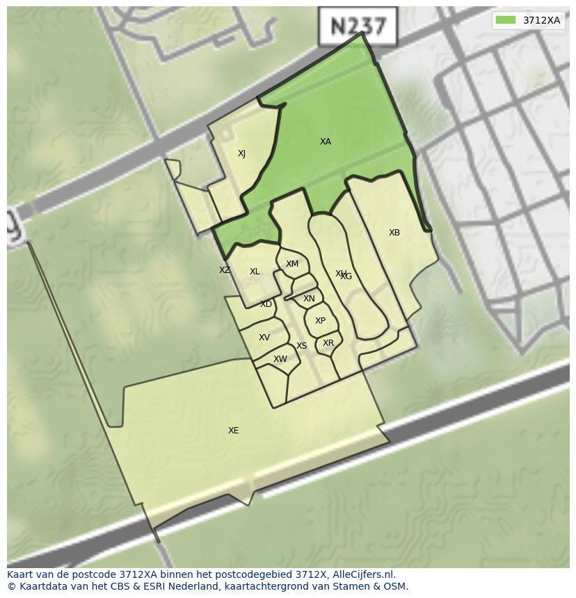 Afbeelding van het postcodegebied 3712 XA op de kaart.
