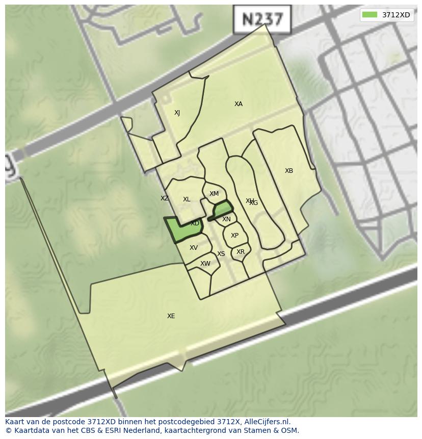 Afbeelding van het postcodegebied 3712 XD op de kaart.