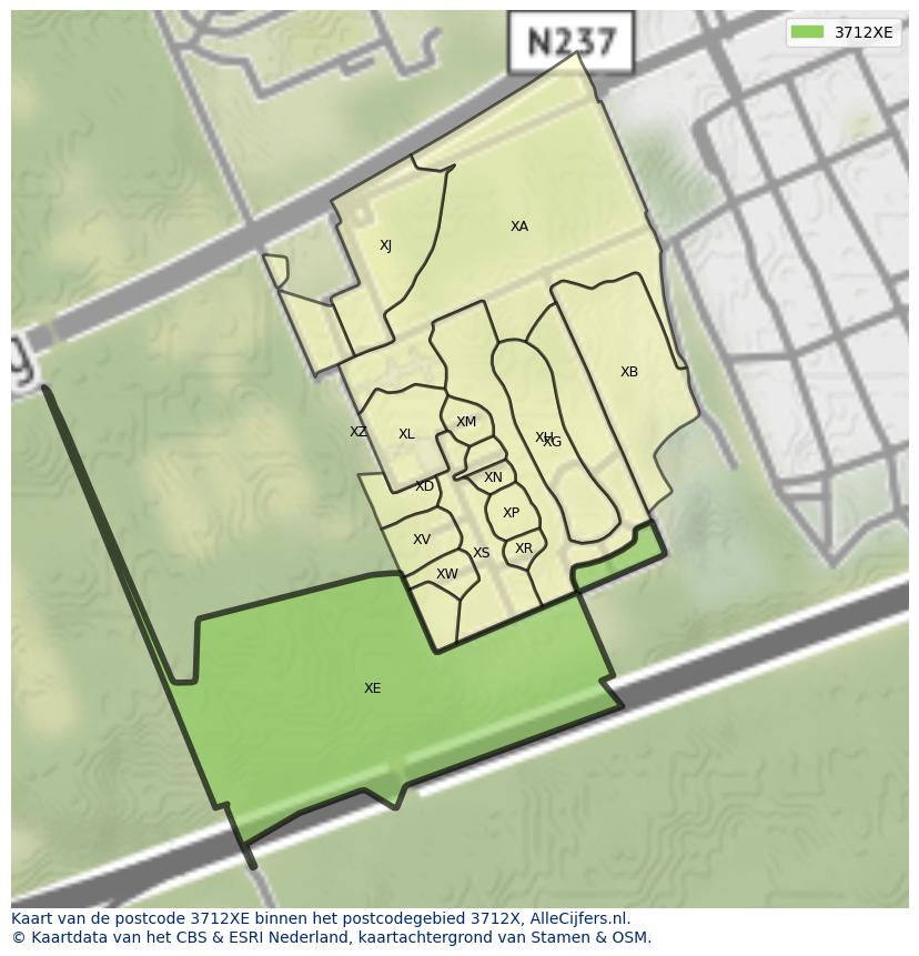 Afbeelding van het postcodegebied 3712 XE op de kaart.
