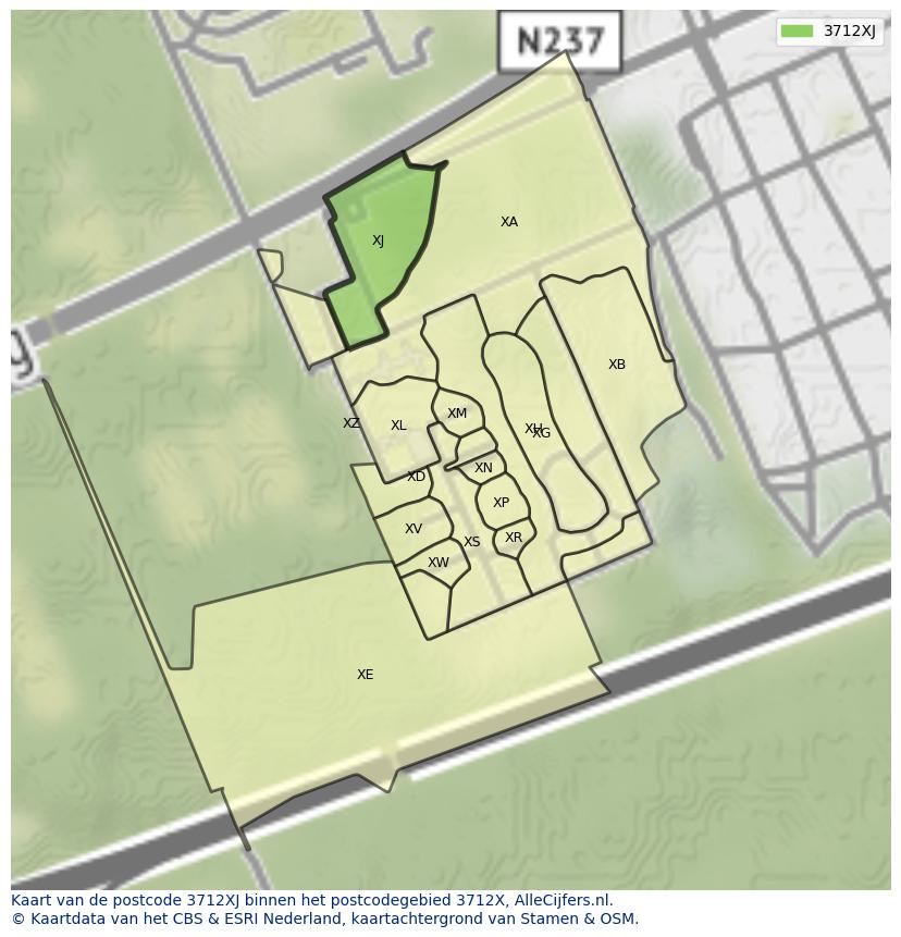 Afbeelding van het postcodegebied 3712 XJ op de kaart.