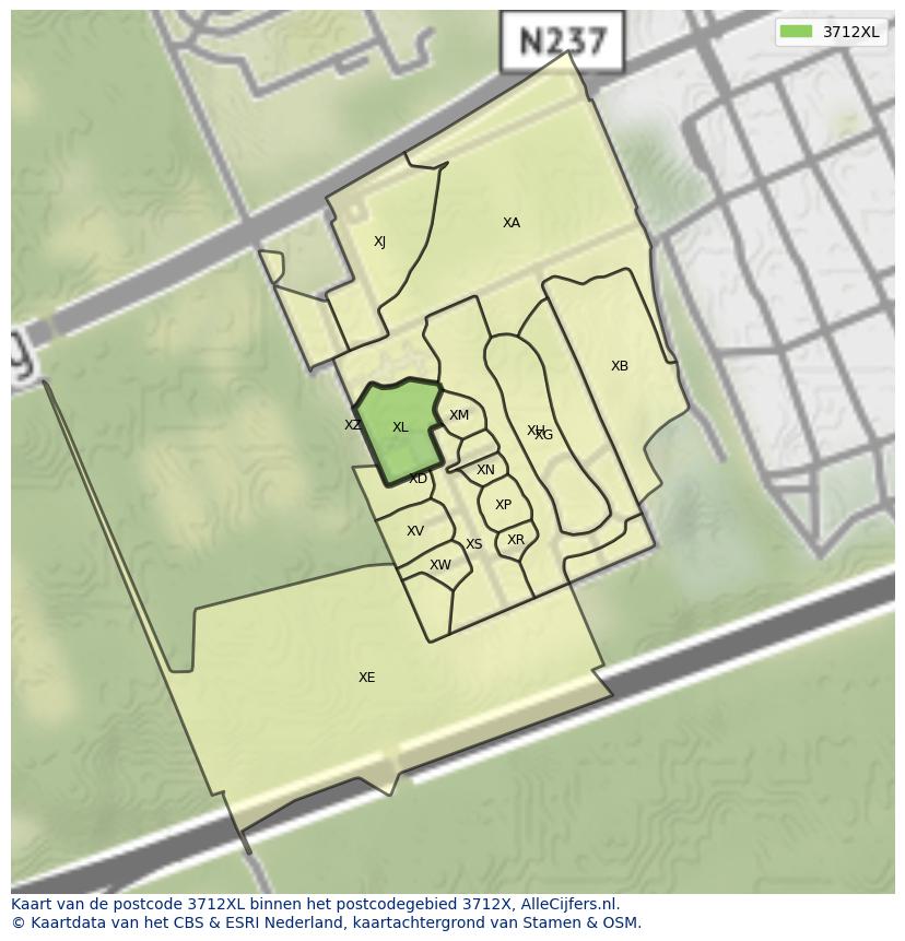 Afbeelding van het postcodegebied 3712 XL op de kaart.