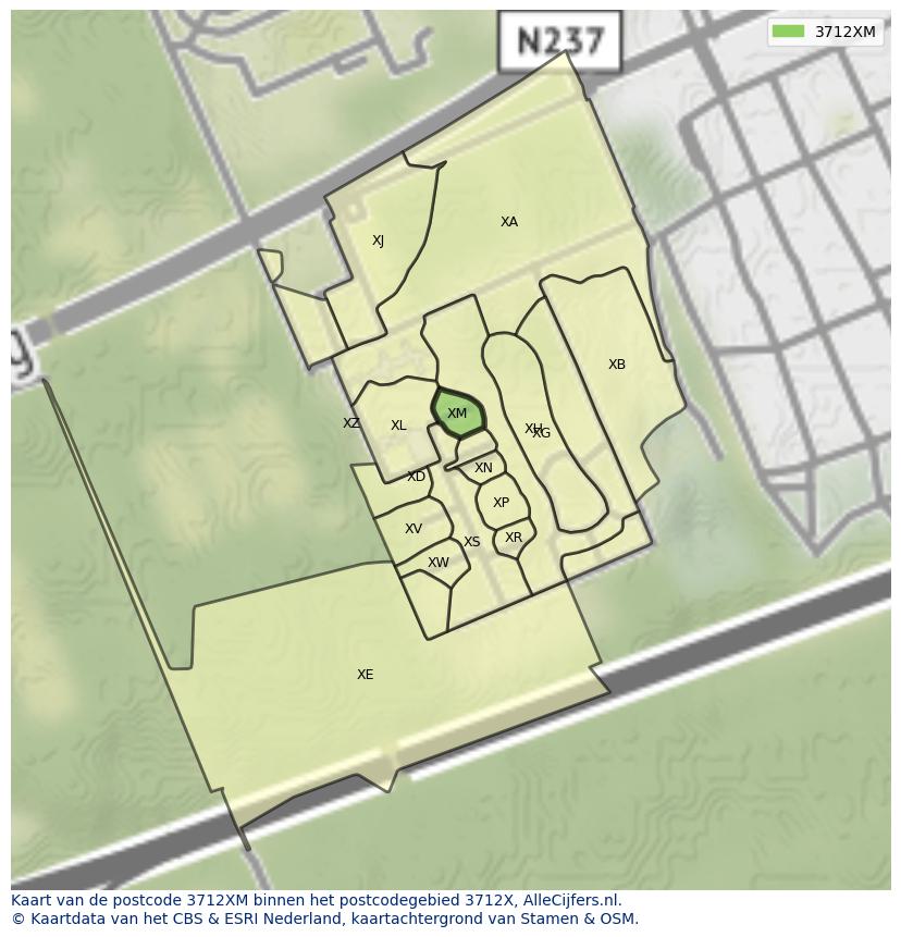 Afbeelding van het postcodegebied 3712 XM op de kaart.