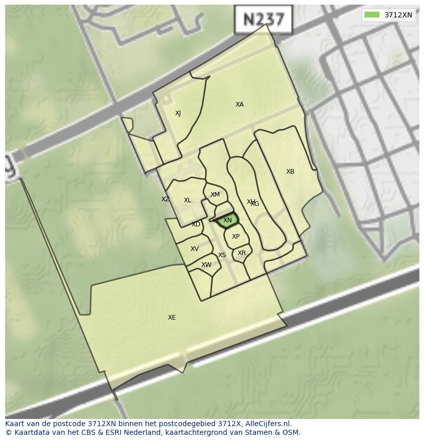 Afbeelding van het postcodegebied 3712 XN op de kaart.