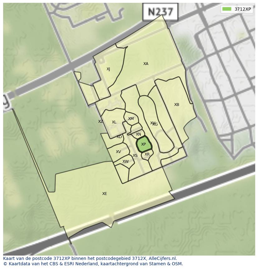 Afbeelding van het postcodegebied 3712 XP op de kaart.