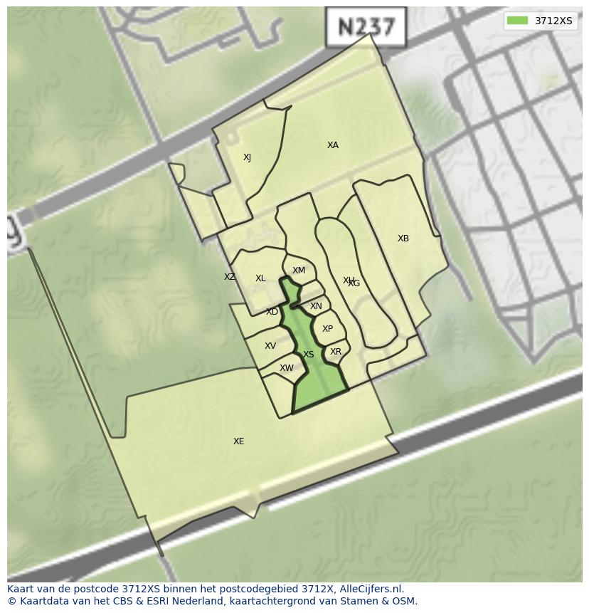 Afbeelding van het postcodegebied 3712 XS op de kaart.