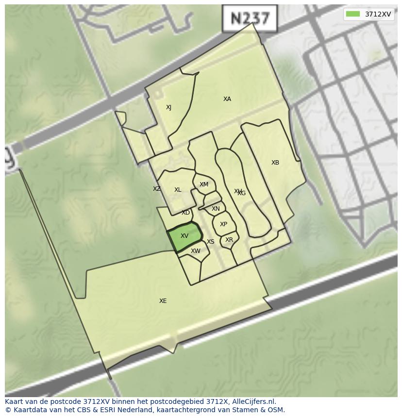Afbeelding van het postcodegebied 3712 XV op de kaart.