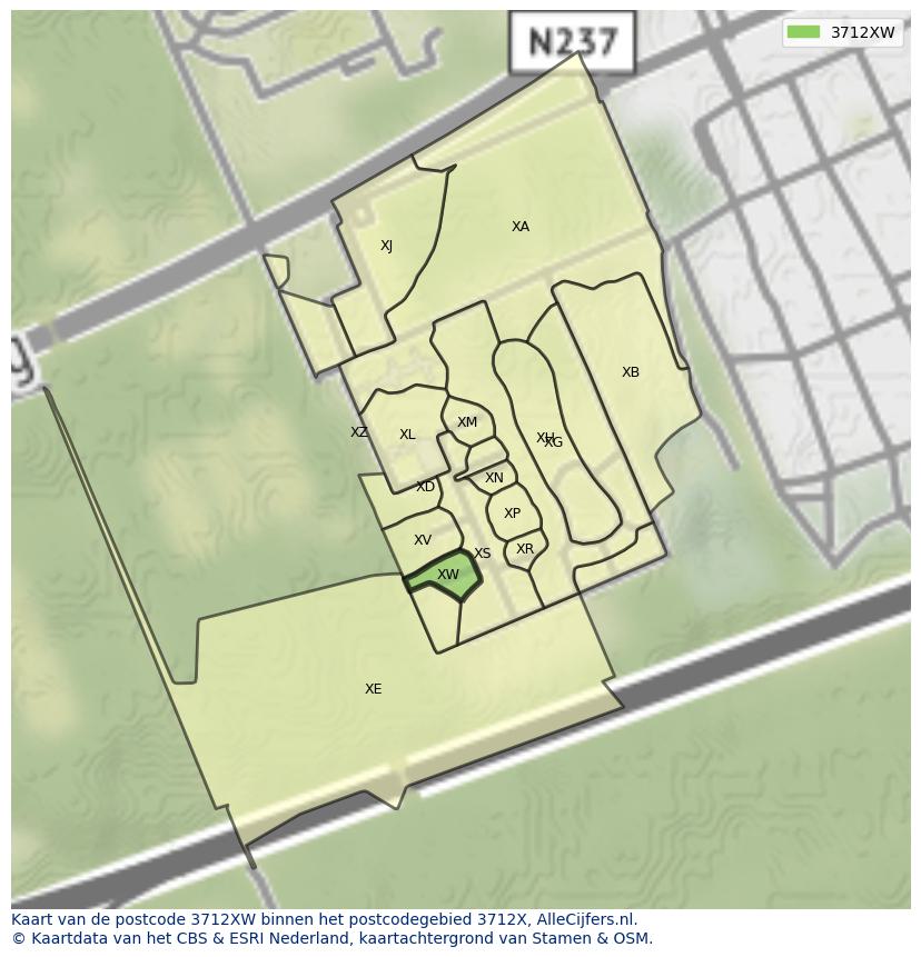 Afbeelding van het postcodegebied 3712 XW op de kaart.