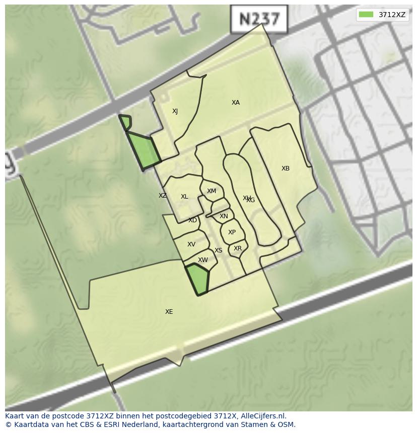 Afbeelding van het postcodegebied 3712 XZ op de kaart.
