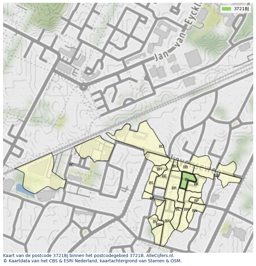 Afbeelding van het postcodegebied 3721 BJ op de kaart.
