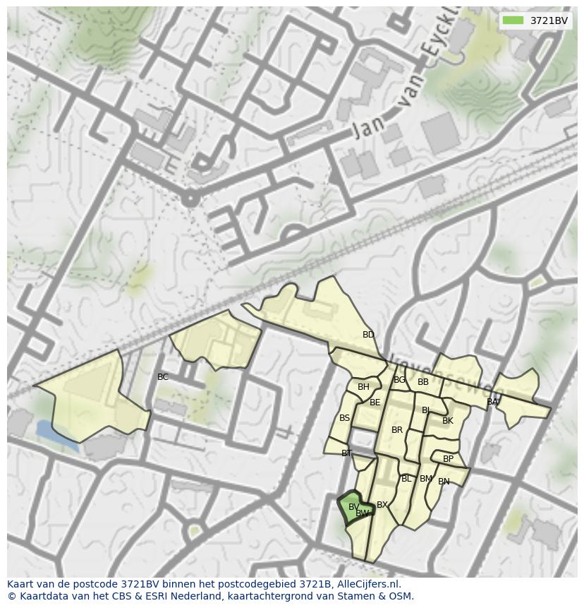Afbeelding van het postcodegebied 3721 BV op de kaart.