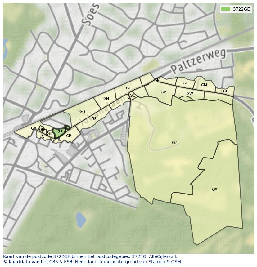 Afbeelding van het postcodegebied 3722 GE op de kaart.