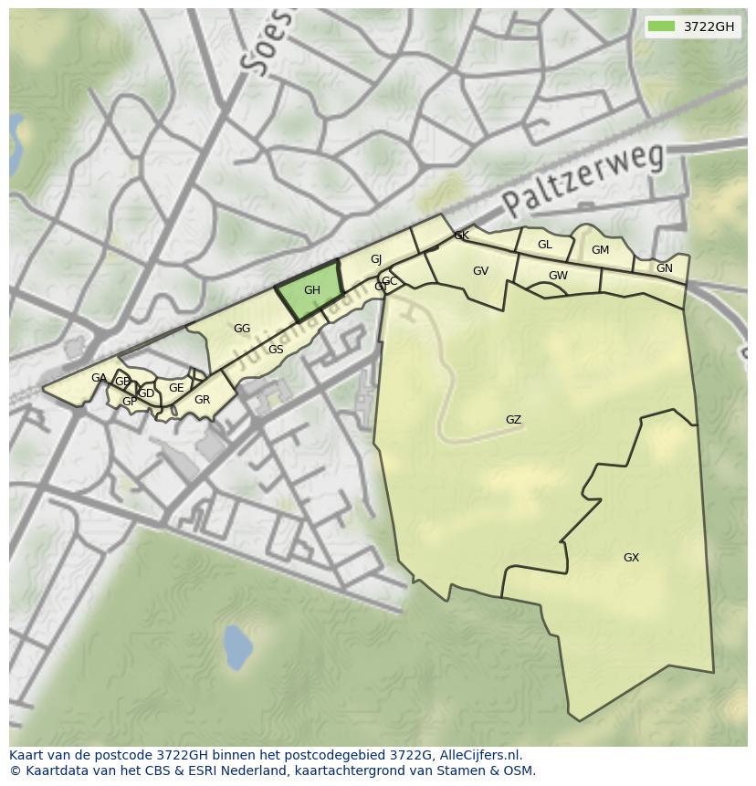 Afbeelding van het postcodegebied 3722 GH op de kaart.
