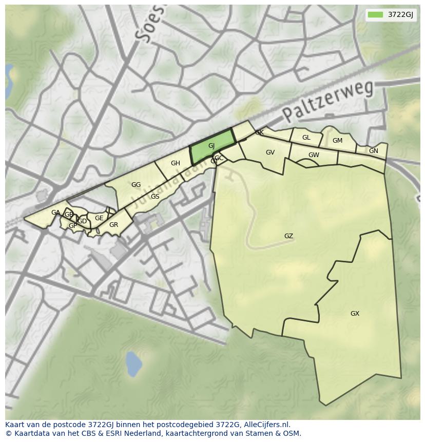 Afbeelding van het postcodegebied 3722 GJ op de kaart.
