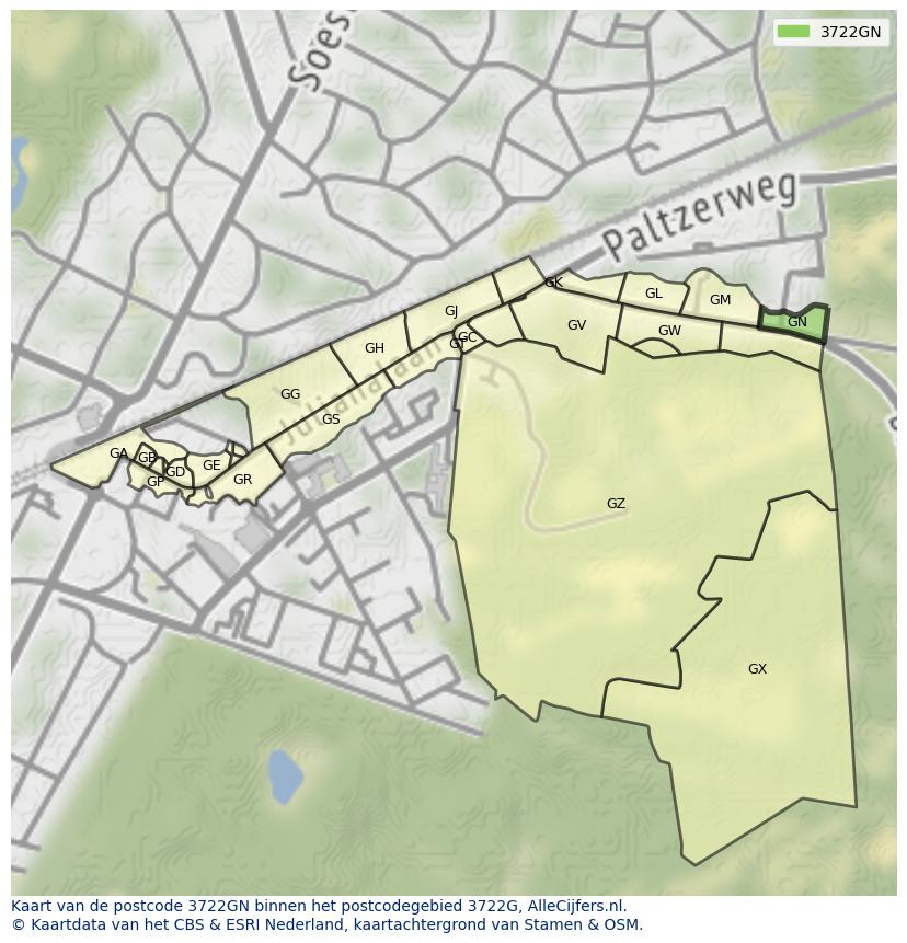 Afbeelding van het postcodegebied 3722 GN op de kaart.