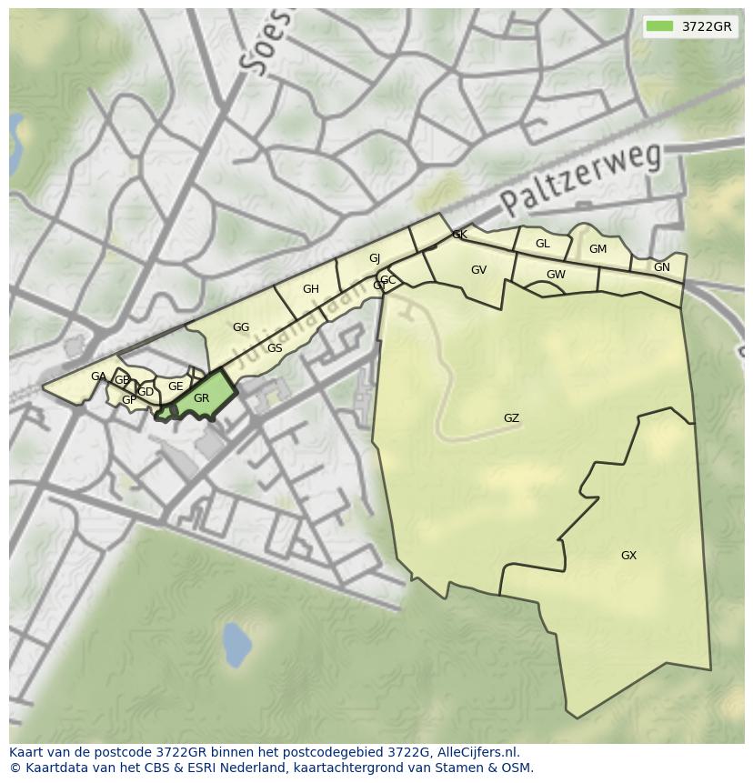 Afbeelding van het postcodegebied 3722 GR op de kaart.