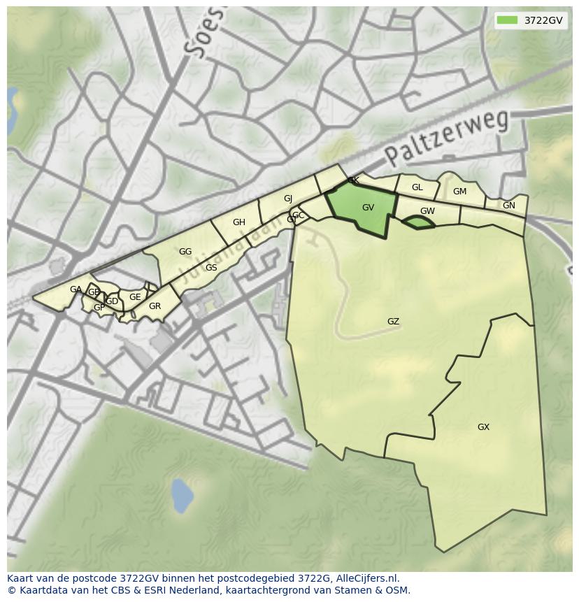 Afbeelding van het postcodegebied 3722 GV op de kaart.
