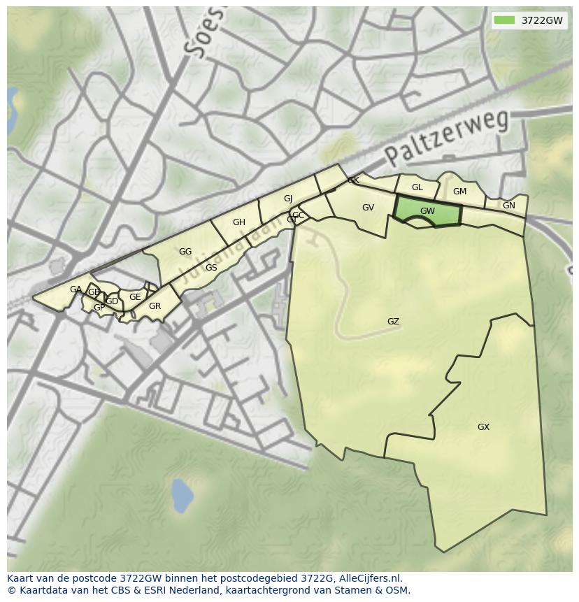 Afbeelding van het postcodegebied 3722 GW op de kaart.