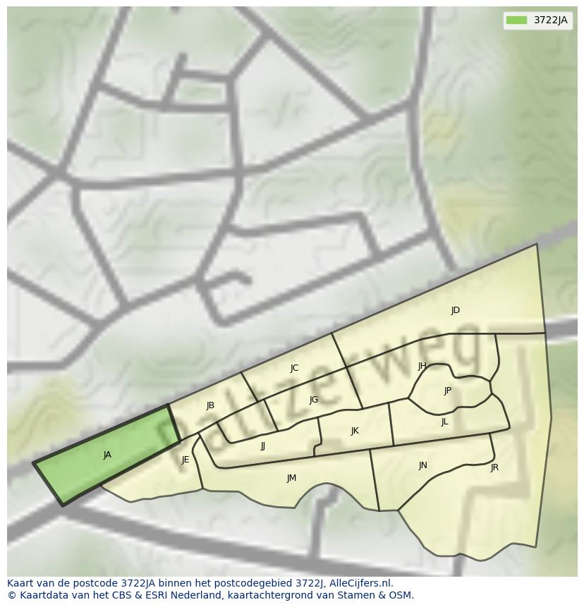 Afbeelding van het postcodegebied 3722 JA op de kaart.