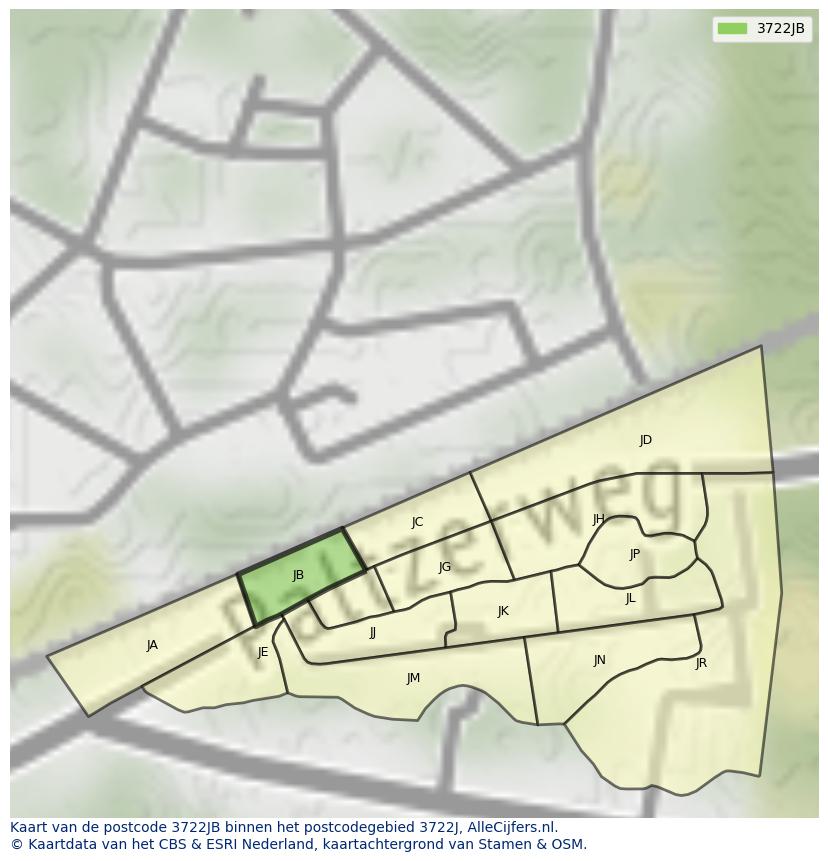 Afbeelding van het postcodegebied 3722 JB op de kaart.