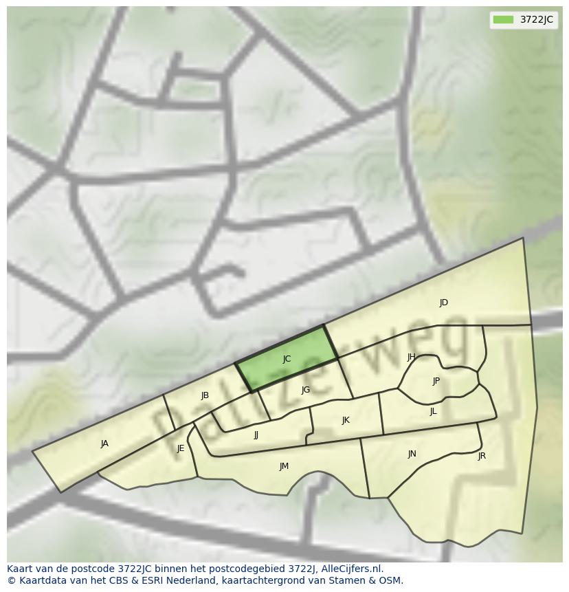 Afbeelding van het postcodegebied 3722 JC op de kaart.