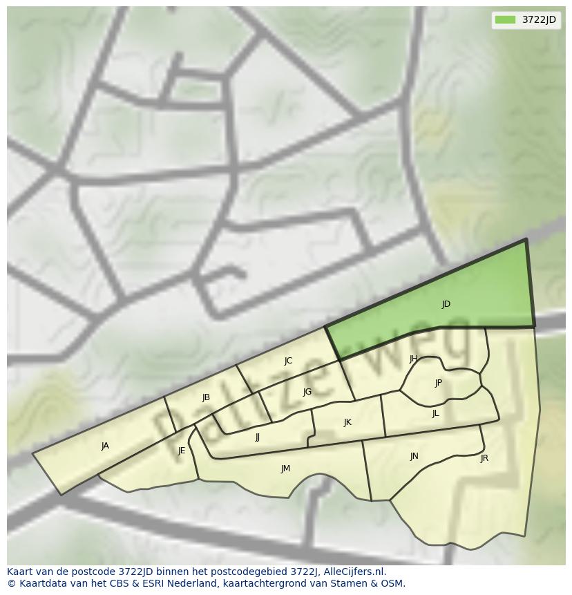 Afbeelding van het postcodegebied 3722 JD op de kaart.