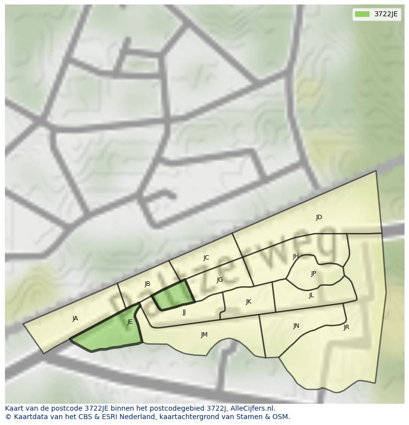 Afbeelding van het postcodegebied 3722 JE op de kaart.
