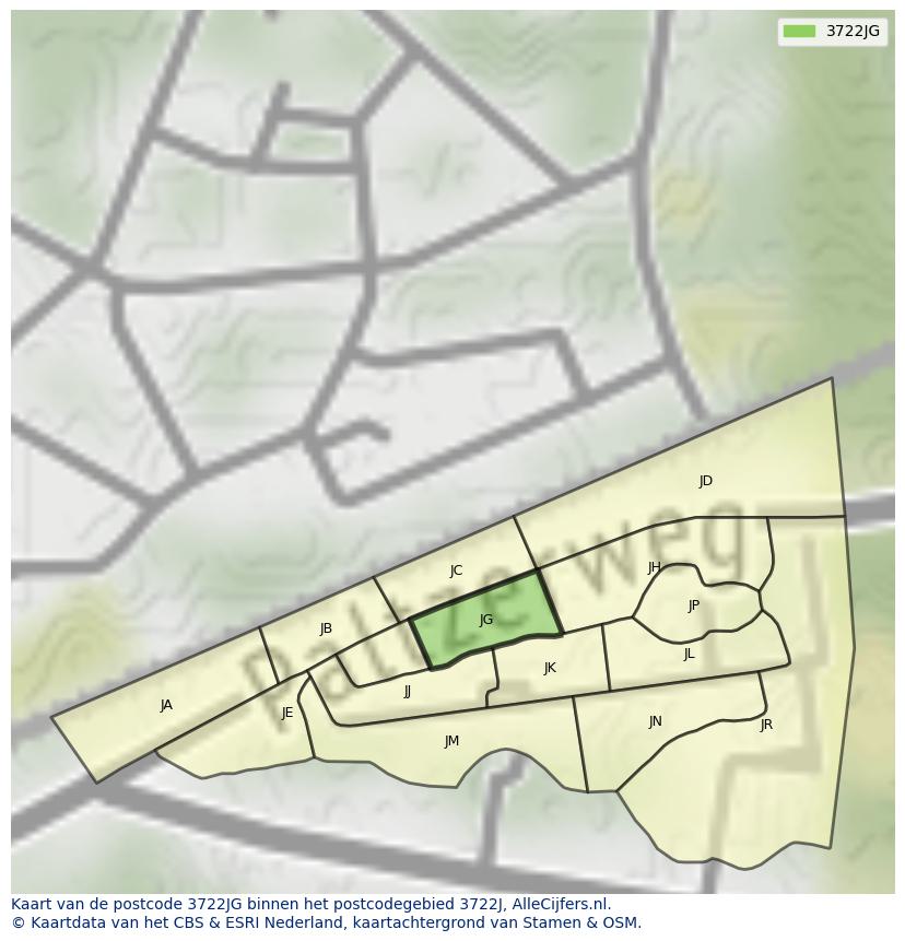 Afbeelding van het postcodegebied 3722 JG op de kaart.