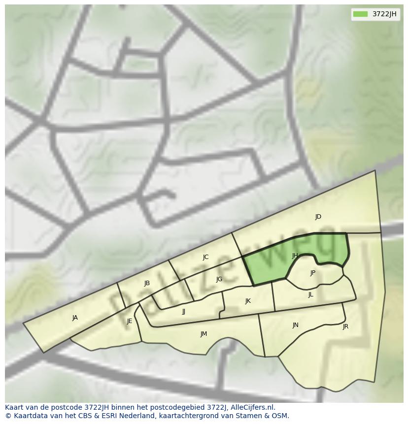Afbeelding van het postcodegebied 3722 JH op de kaart.