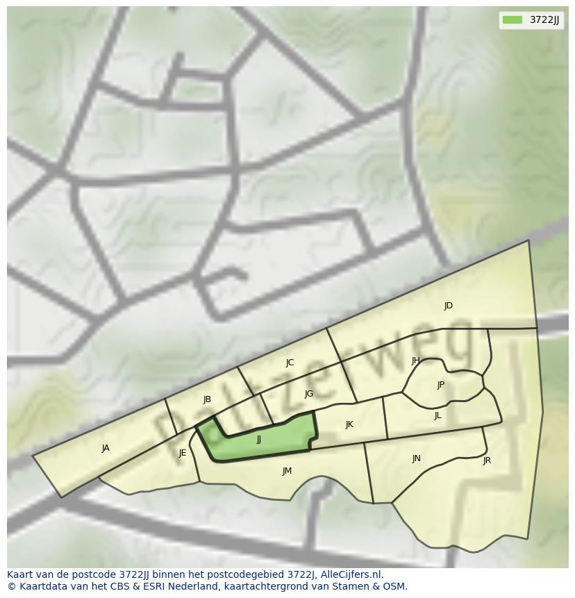 Afbeelding van het postcodegebied 3722 JJ op de kaart.