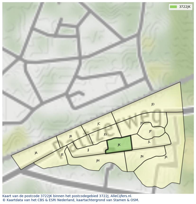 Afbeelding van het postcodegebied 3722 JK op de kaart.