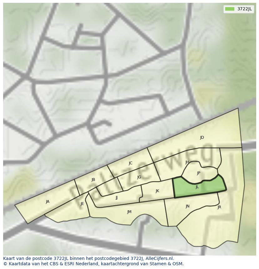 Afbeelding van het postcodegebied 3722 JL op de kaart.