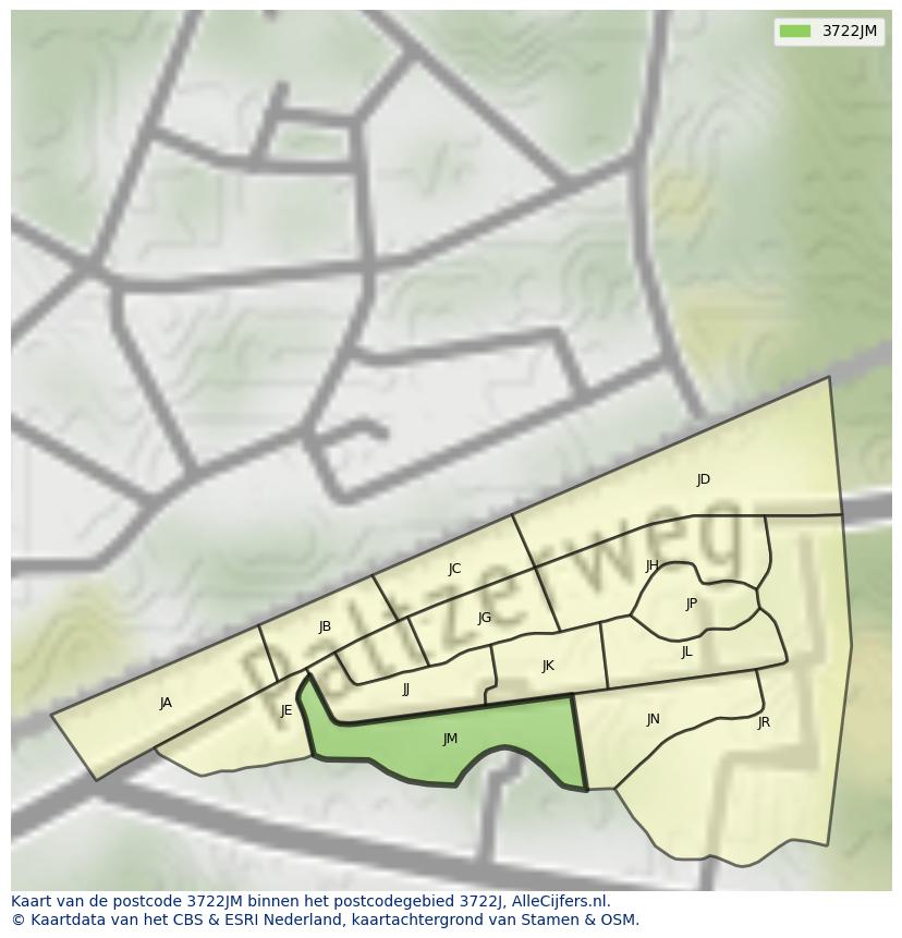 Afbeelding van het postcodegebied 3722 JM op de kaart.