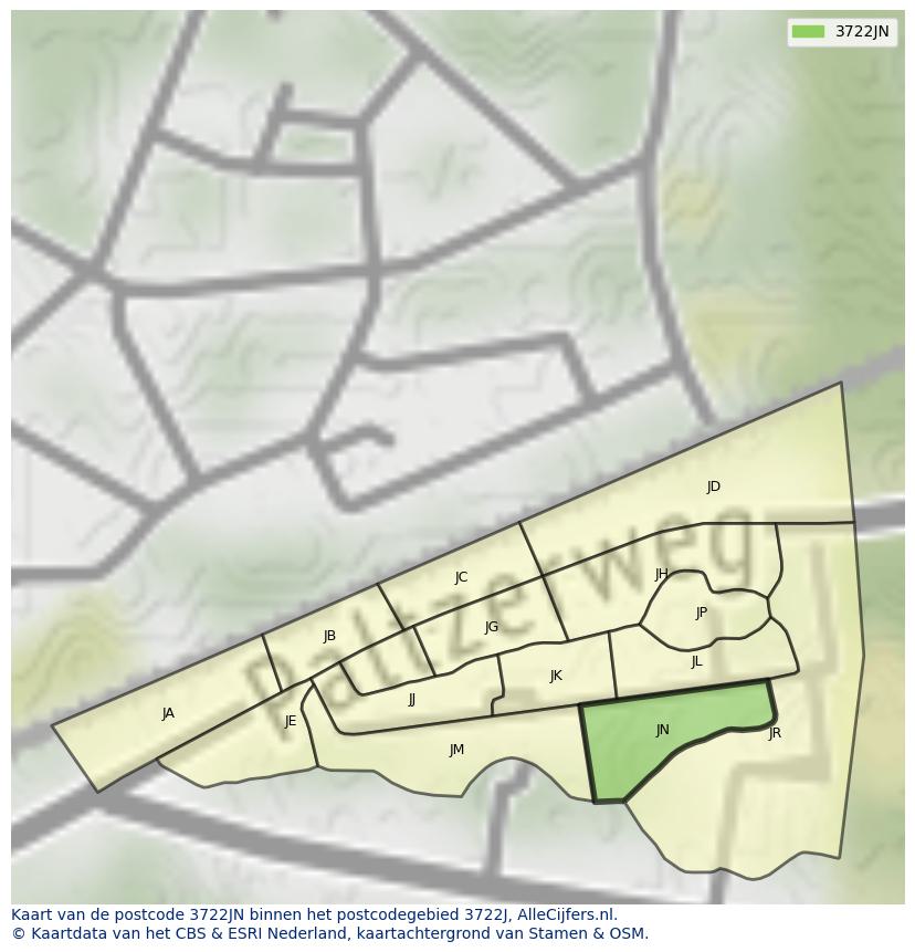 Afbeelding van het postcodegebied 3722 JN op de kaart.