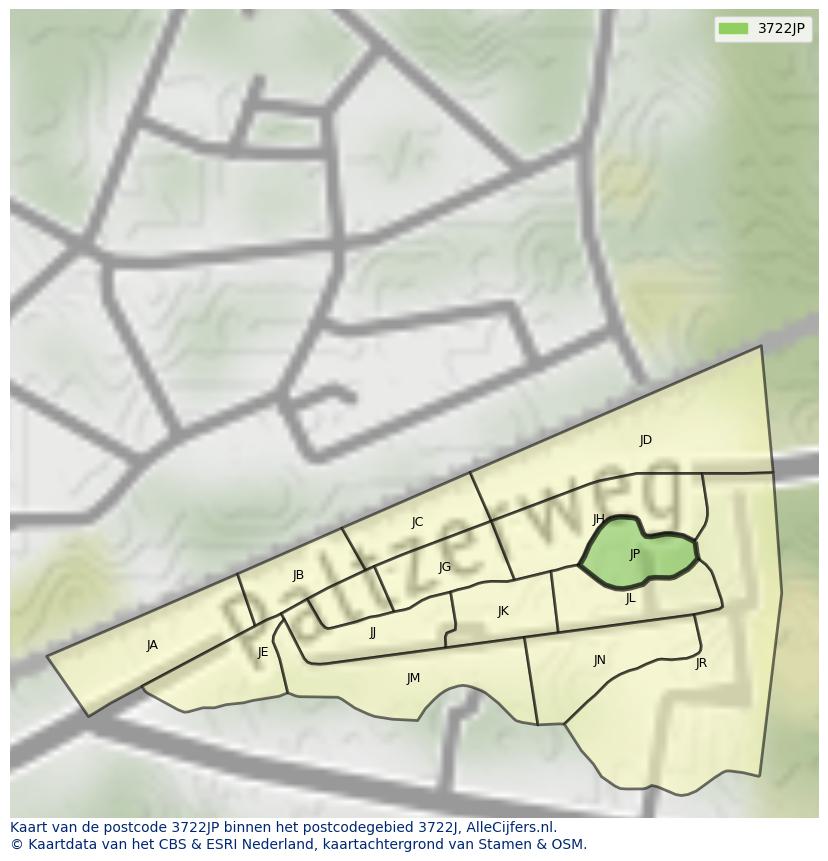 Afbeelding van het postcodegebied 3722 JP op de kaart.