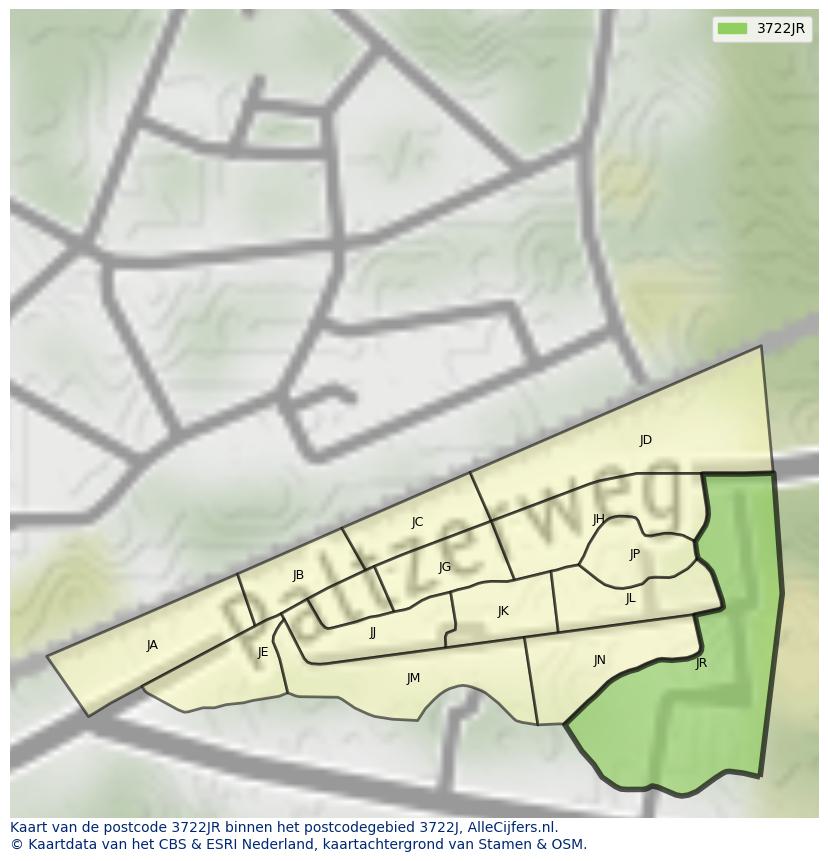 Afbeelding van het postcodegebied 3722 JR op de kaart.