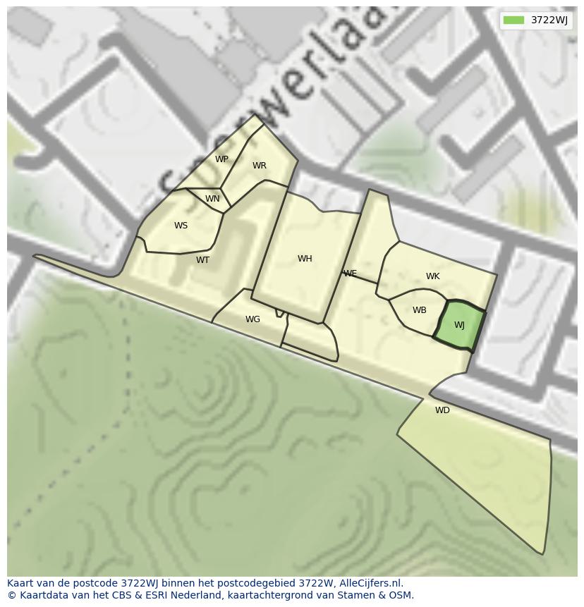 Afbeelding van het postcodegebied 3722 WJ op de kaart.
