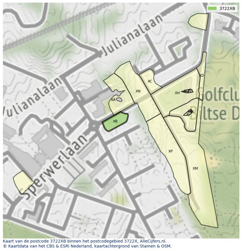 Afbeelding van het postcodegebied 3722 XB op de kaart.