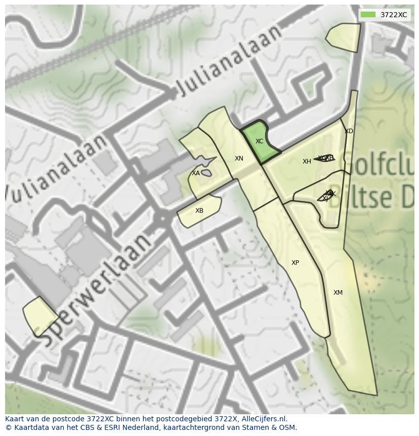 Afbeelding van het postcodegebied 3722 XC op de kaart.
