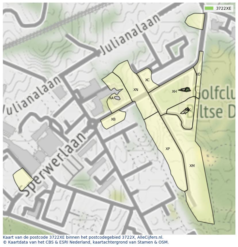 Afbeelding van het postcodegebied 3722 XE op de kaart.