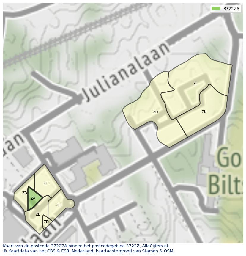Afbeelding van het postcodegebied 3722 ZA op de kaart.