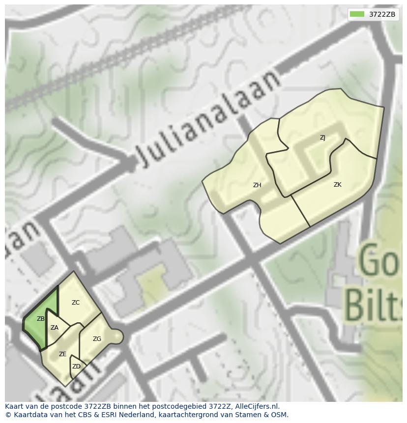 Afbeelding van het postcodegebied 3722 ZB op de kaart.