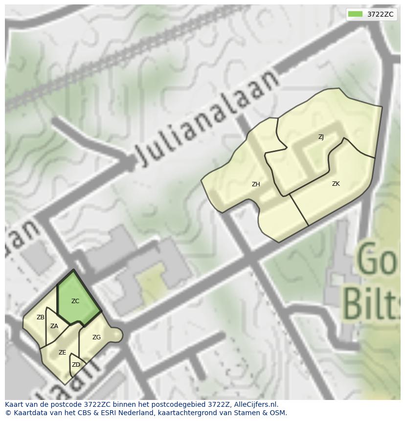 Afbeelding van het postcodegebied 3722 ZC op de kaart.