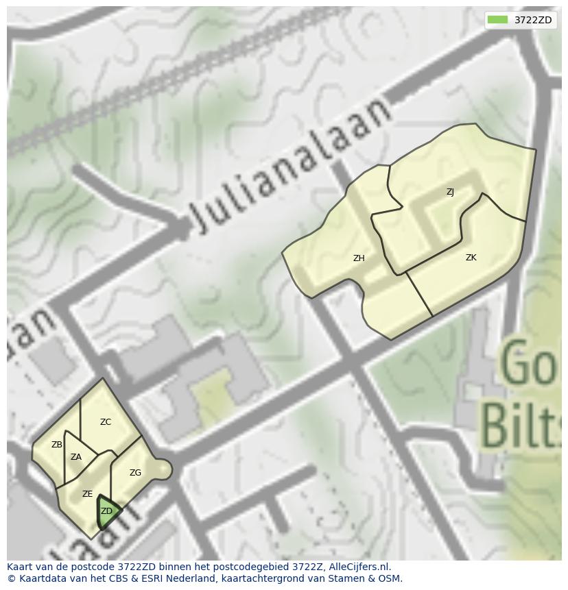 Afbeelding van het postcodegebied 3722 ZD op de kaart.