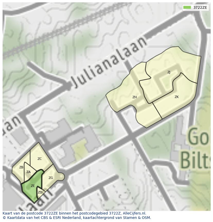 Afbeelding van het postcodegebied 3722 ZE op de kaart.
